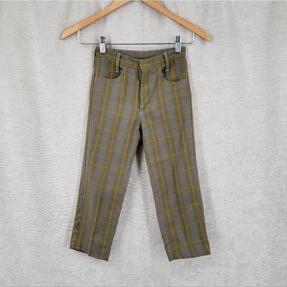 Vintage 70s Boys Green Plaid Trousers